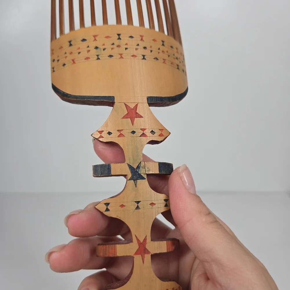 Vintage Hand Carved Wooden Hair‎ Pick Comb Hand Painted Unique Star Design